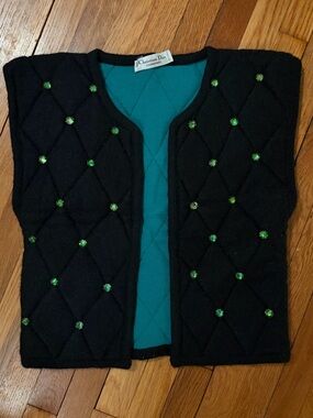 Christian Dior Vintage Coordonnés Mohair Knit Vest Set Green Crystal Size M